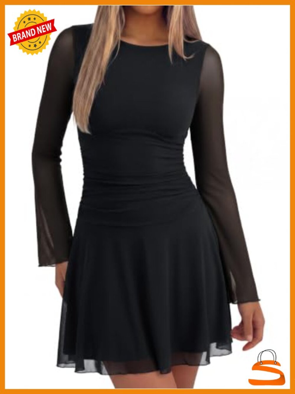 Y2K Boat Neck Sheer Mesh Ruched Long Sleeve Mini Dress, Women's